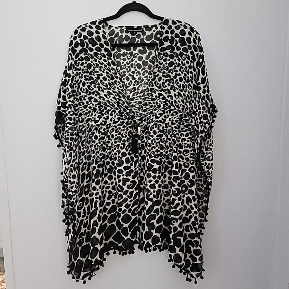 Leopard Print Swim Suit Cover Up by Club Z Collection Black Pom Pom Trim Size Me